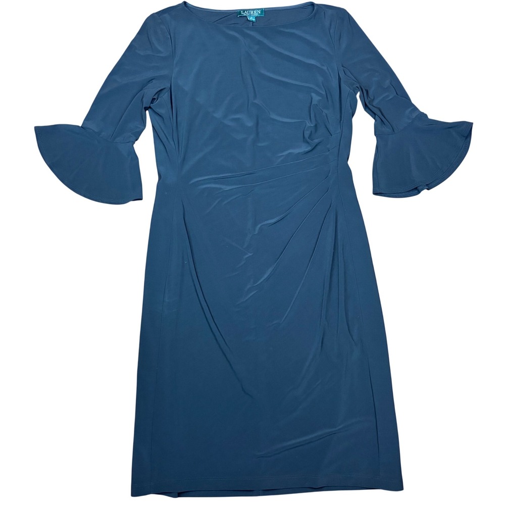 Lauren Ralph Lauren‎ Black Bell Sleeve Ruched Sheath Cocktail Dress Size 12